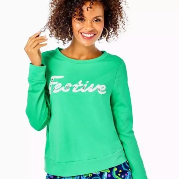 Lilly Pulitzer Rami Sweatshirt “Festive” Terry Top Graphic Pullover Beaded - Picture 1 of 8
